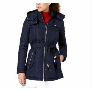Tommy Hilfiger Women's Belted Quilted Jacket in Navy Blue Size Small
